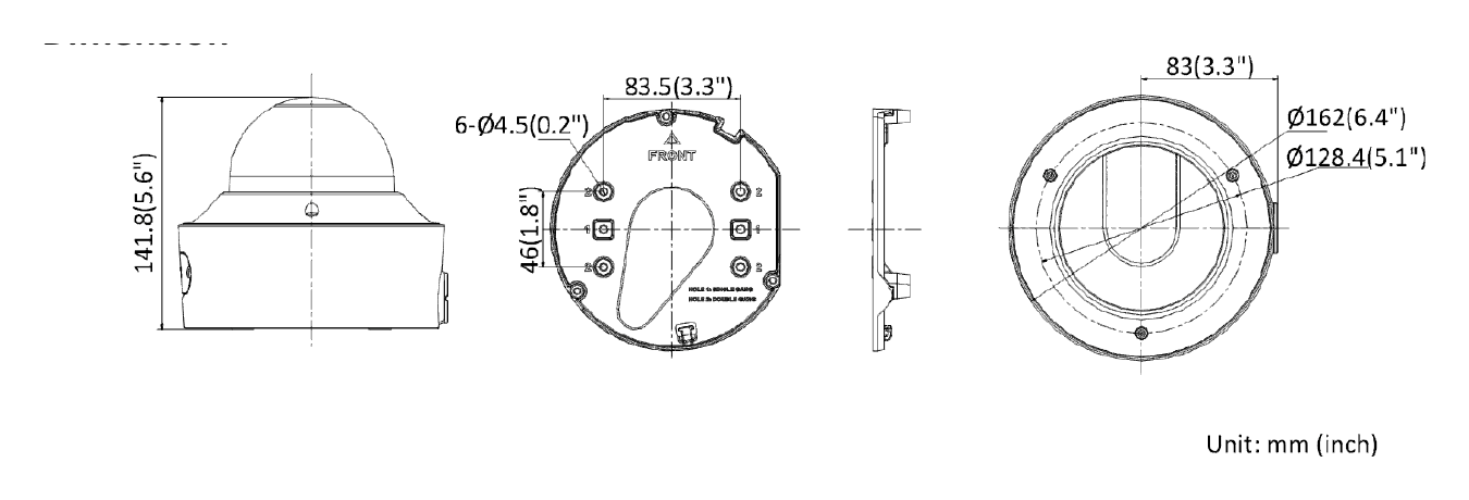 DS-2CD3D46G2T-IZMSU-C 外形尺寸圖 Ø 162 mm × 141.8 mm (Ø 6.4" × 5.6")｜重量 Approx. 1420 g (3.1 lb.)｜Unit: mm