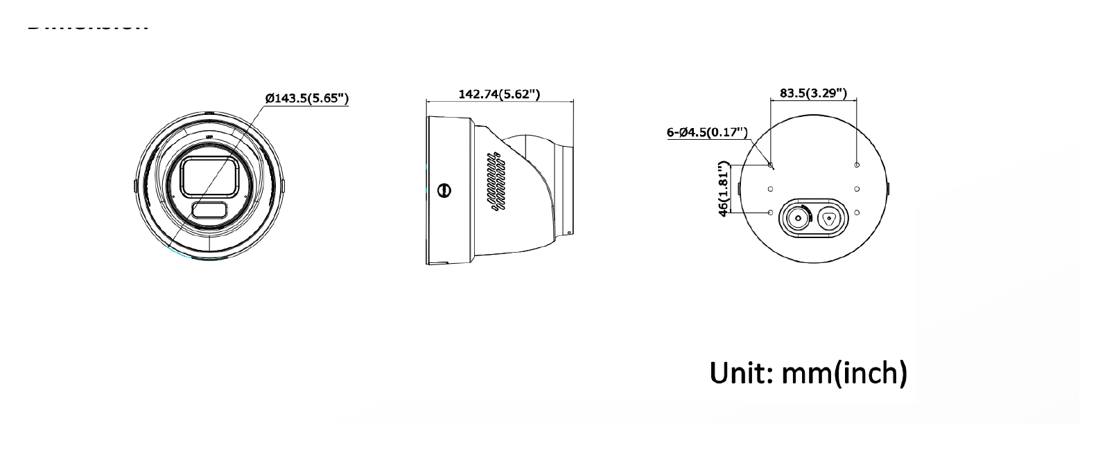 DS-2CD3H167G3-LIZSU 外形尺寸圖 Ø 143.5 mm × 142.7 mm (Ø 5.7" × 5.6")｜重量 Approx. 1265 g (2.8 lb.)｜Unit: mm
