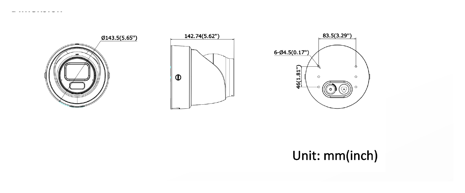 DS-2CD3H167G3-LIZSUY 外形尺寸圖 Ø 143.5 mm × 142.7 mm (Ø 5.7" × 5.6")｜重量 Approx. 1265 g (2.8 lb.)｜Unit: mm