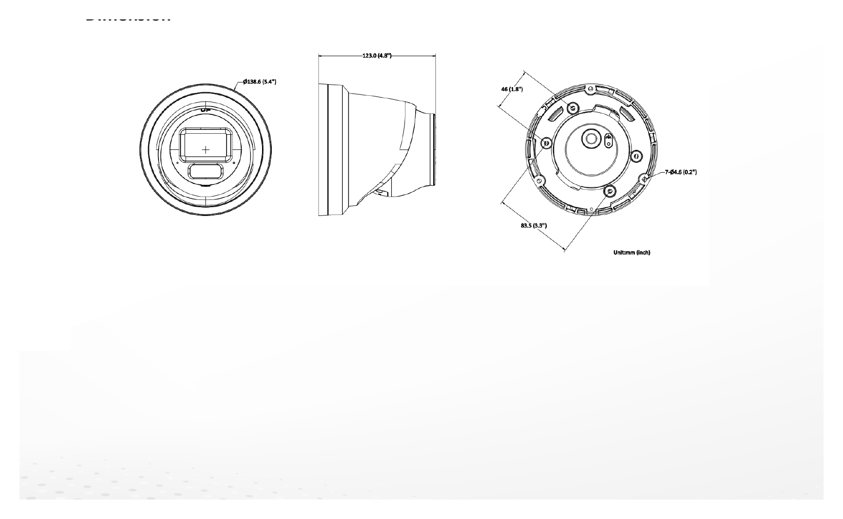 DS-2CD3H23G2-LIZSU 外形尺寸圖 Ø 138.6 mm × 123 mm (Ø 5.4" × 4.8")｜重量 Approx. 865 g (1.9 lb.)｜Unit: mm