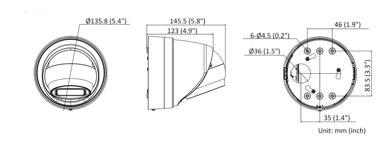 DS-2CD3H26G2-IZS-C 外形尺寸圖 Ø 135.8 mm × 145.5 mm (Ø 5.4" × 5.8")｜重量 Approx. 1155 g (2.5 lb.)｜Unit: mm