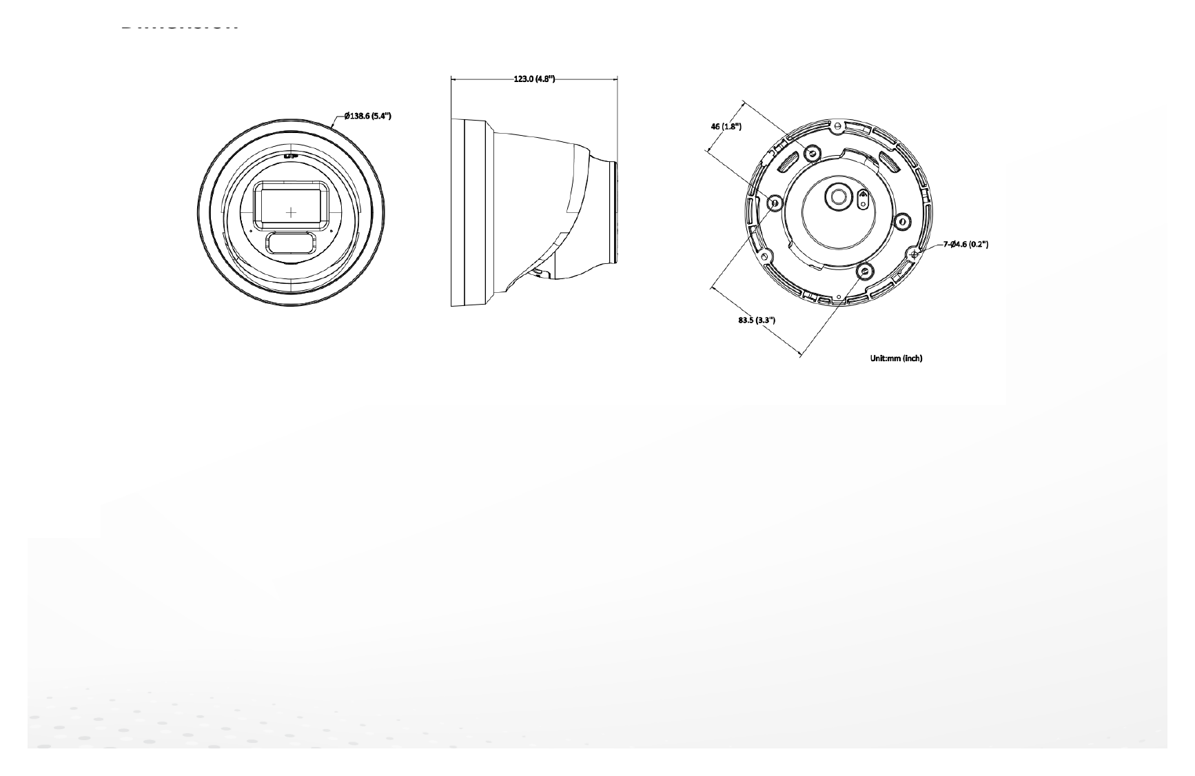 DS-2CD3H43G2-LIZSU 外形尺寸圖 Ø 138.6 mm × 123 mm (Ø 5.4" × 4.8")｜重量 Approx. 865 g (1.9 lb.)｜Unit: mm