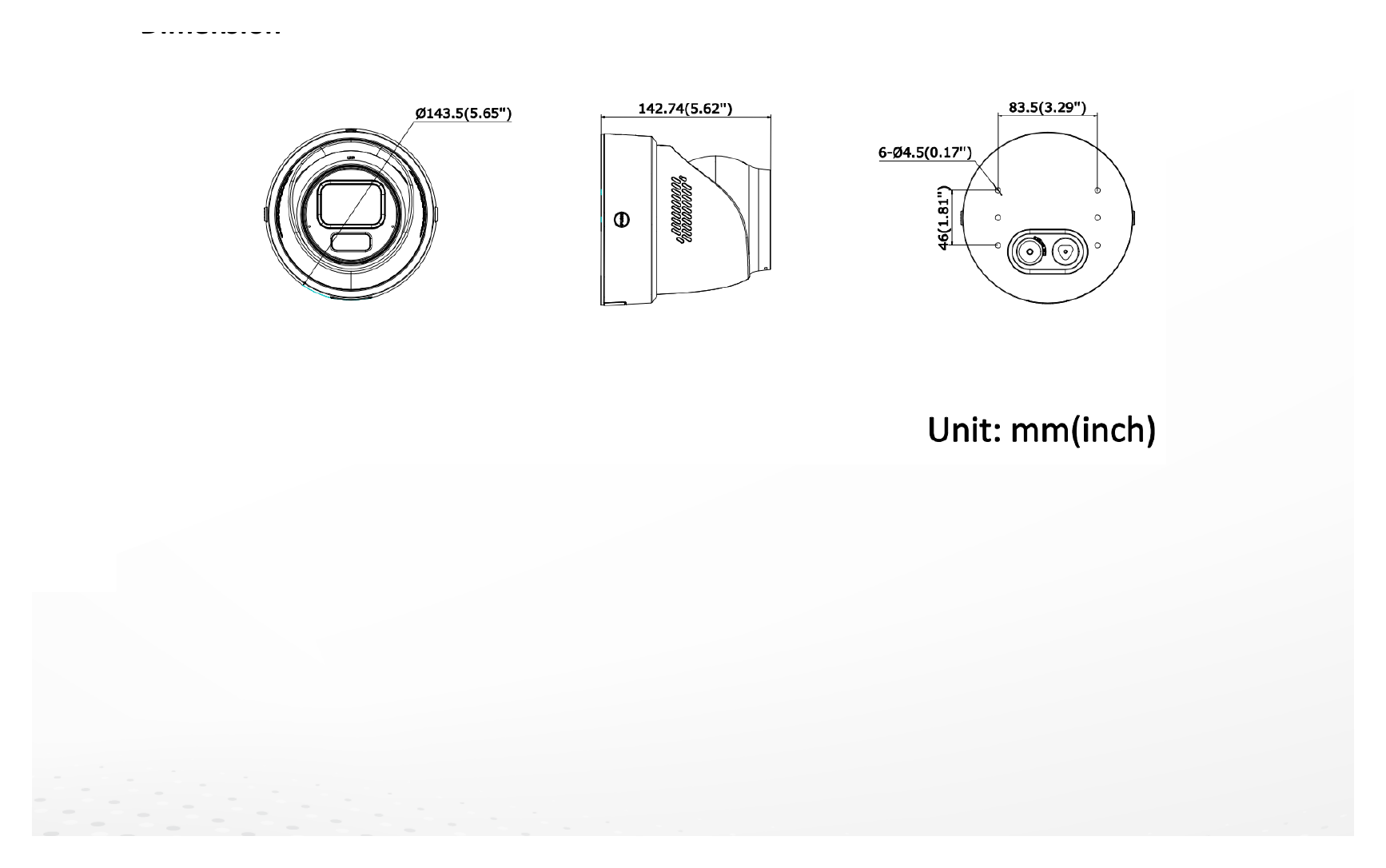DS-2CD3H47G3-LIZSUY 外形尺寸圖 Ø 143.5 mm × 142.7 mm (Ø 5.7" × 5.6")｜重量 Approx. 1265 g (2.8 lb.)｜Unit: mm