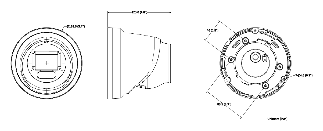 DS-2CD3H63G2-LIZSU 外形尺寸圖 Ø 138.6 mm × 123 mm (Ø 5.4" × 4.8") Package 170 mm × 170 mm × 160 mm (6.7" × 6.7" × 6.3")｜Unit: mm