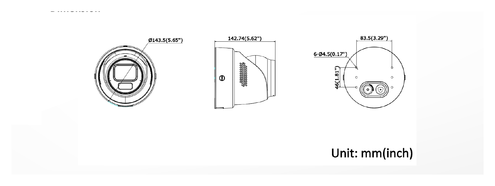 DS-2CD3H66G3-LIZSUY 外形尺寸圖 Ø 143.5 mm × 142.7 mm (Ø 5.7" × 5.6")｜重量 Approx. 1265 g (2.8 lb.)｜Unit: mm