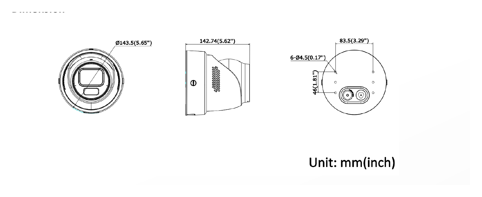 DS-2CD3H67G3-LIZSUY 外形尺寸圖 Ø 143.5 mm × 142.7 mm (Ø 5.7" × 5.6")｜重量 Approx. 1265 g (2.8 lb.)｜Unit: mm