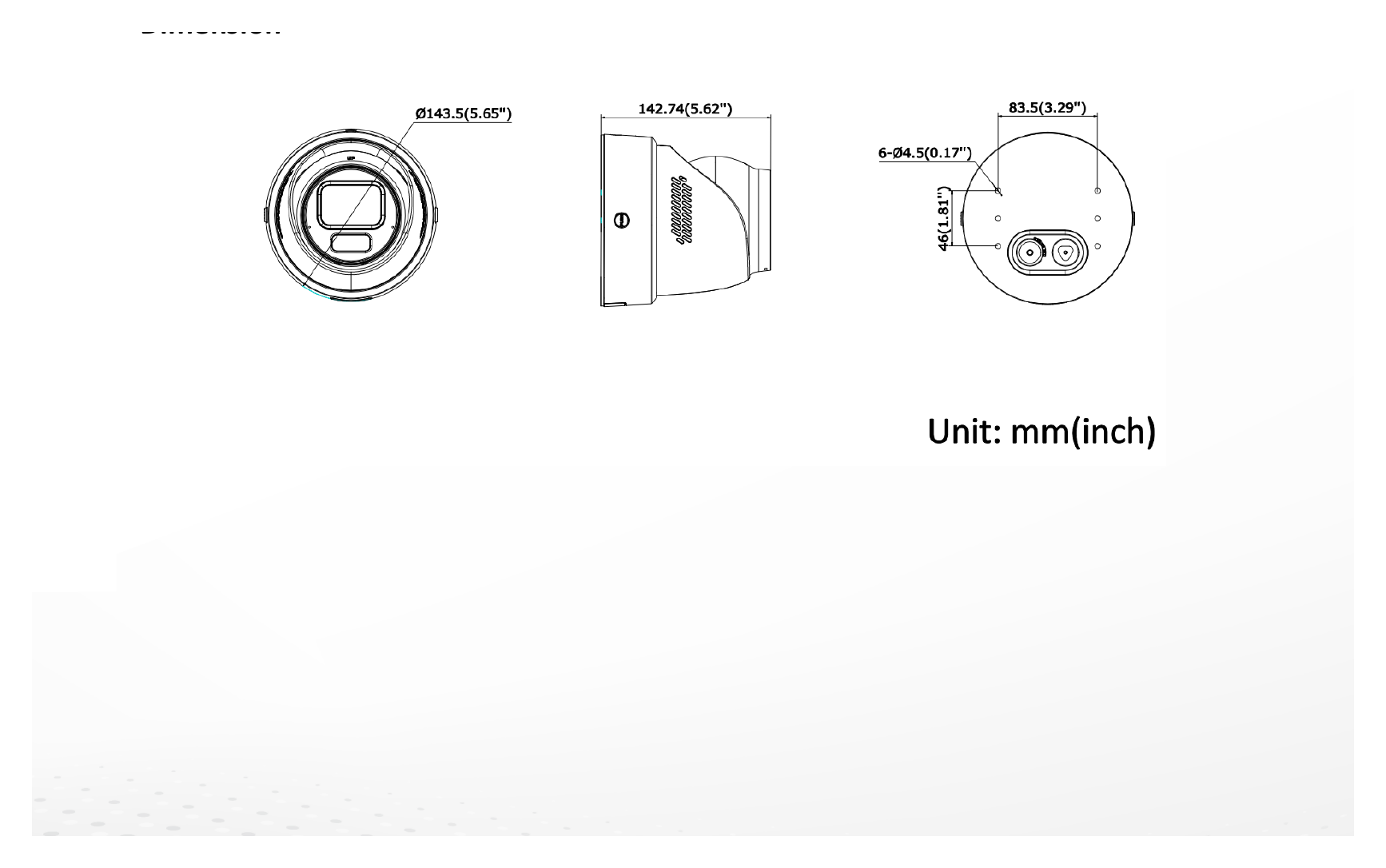 DS-2CD3H87G3-LIZSUY 外形尺寸圖 Ø 143.5 mm × 142.7 mm (Ø 5.7" × 5.6")｜重量 Approx. 1265 g (2.8 lb.)｜Unit: mm