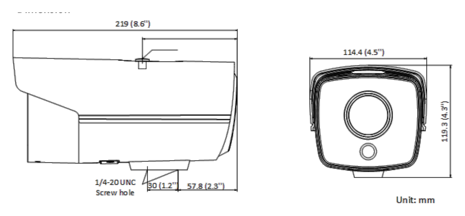 DS-2CD3T23G1-I 外形尺寸圖 219 mm × 114.3 mm × 109.3 mm (8.62" × 4.5" × 4.3")｜重量 Approx. 1, 070 g (2.36 lb.)｜Unit: mm