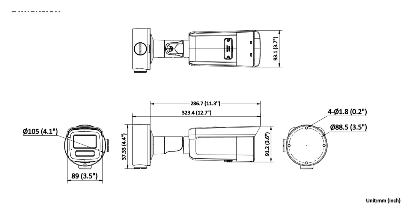 DS-2CD3T23G2-2LISU 外形尺寸圖 89 mm × 93.1 mm × 325.7 mm (3.5" × 3.7"×12.8")｜重量 Approx. 1215 g (2.7 lb.)｜Unit: mm