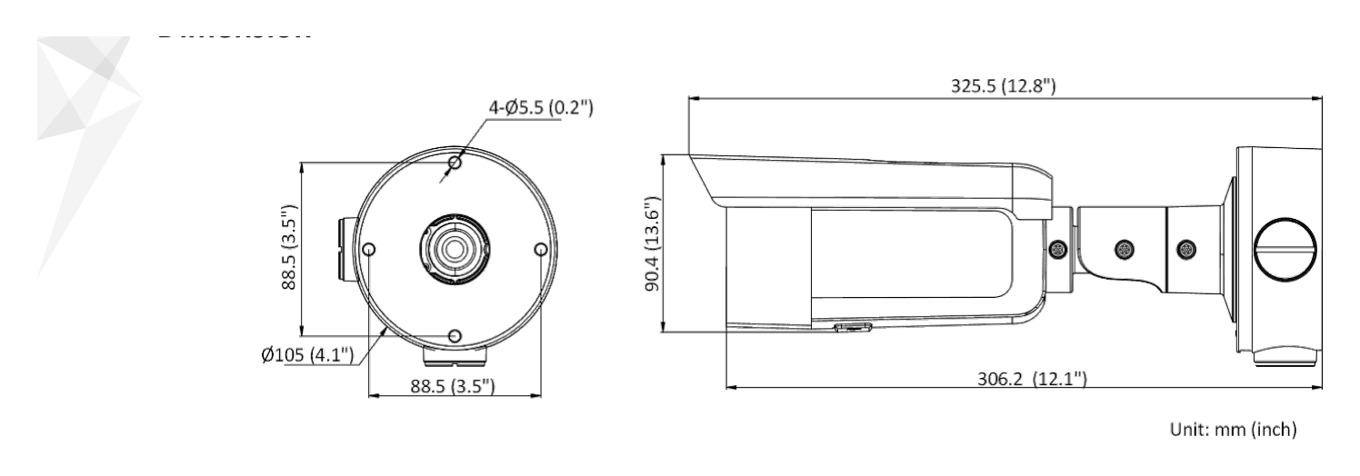 DS-2CD3T26G2-4IS-C 外形尺寸圖 325.5 mm × Ø 105 mm (12.8" × Ø 4.1")｜重量 Approx. 1110 g (2.4 lb.)｜Unit: mm