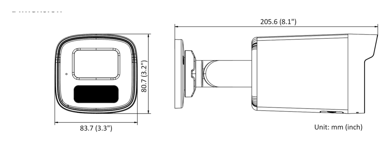 DS-2CD3T41G2-IUF 外形尺寸圖 205.6 mm × 83.7 mm × 80.7 mm (8.1" × 3.3" × 3.2")｜重量 Approx. 410 g (0.9 lb.)｜Unit: mm