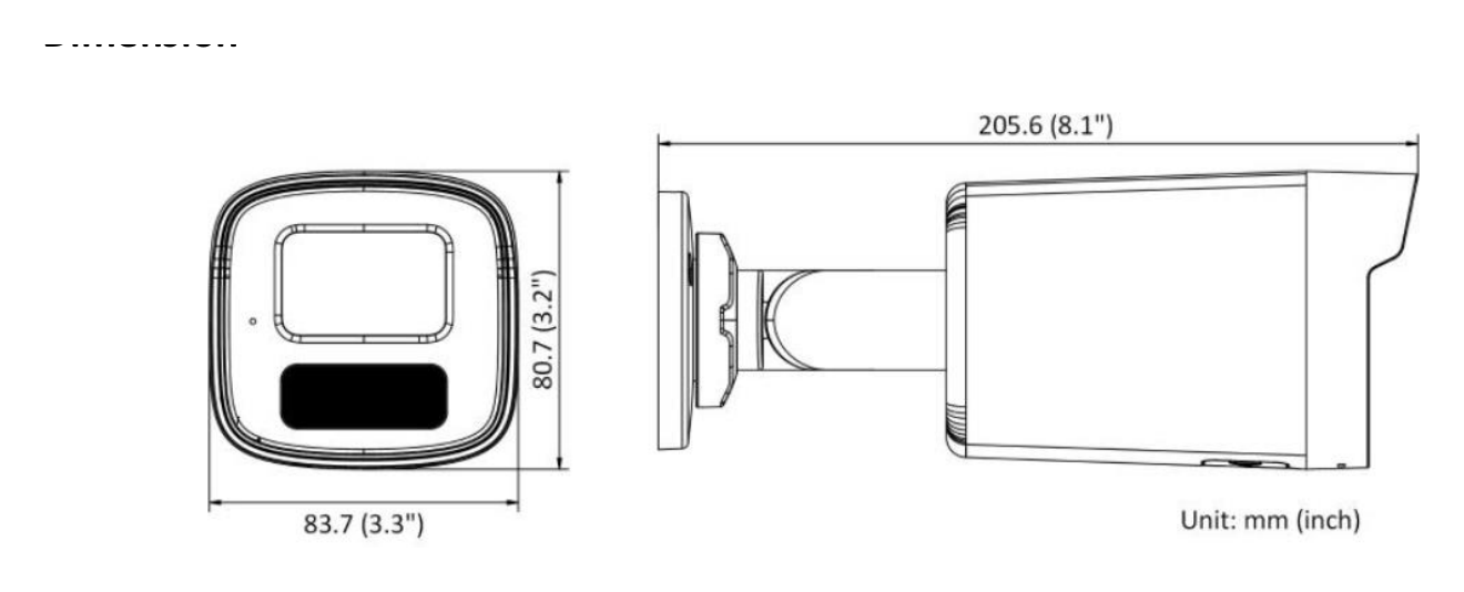 DS-2CD3T41G2-LIUF 外形尺寸圖 205.6 mm × 83.7 mm × 80.7 mm (8.1" × 3.3" × 3.2")｜重量 Approx. 410 g (0.9 lb.)｜Unit: mm