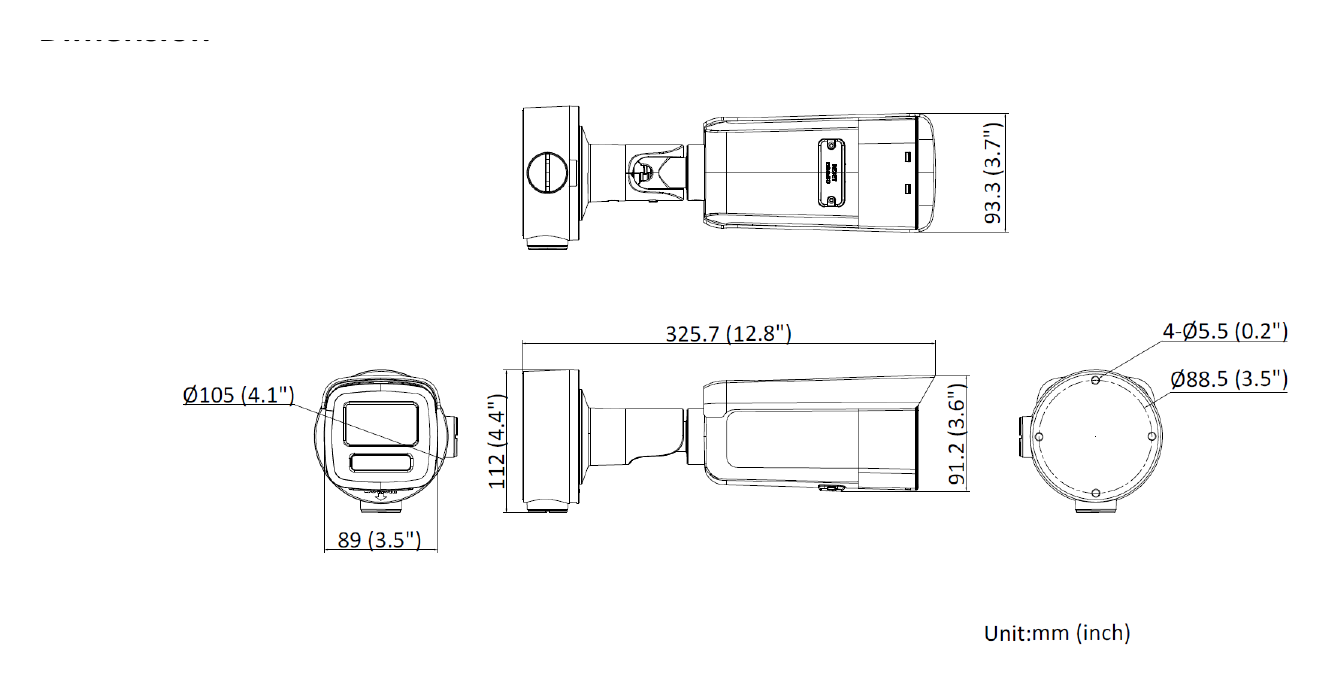 DS-2CD3T46G2-4ISY-H 外形尺寸圖 325.7 mm × 93.3 mm × 91.2 mm (12.8