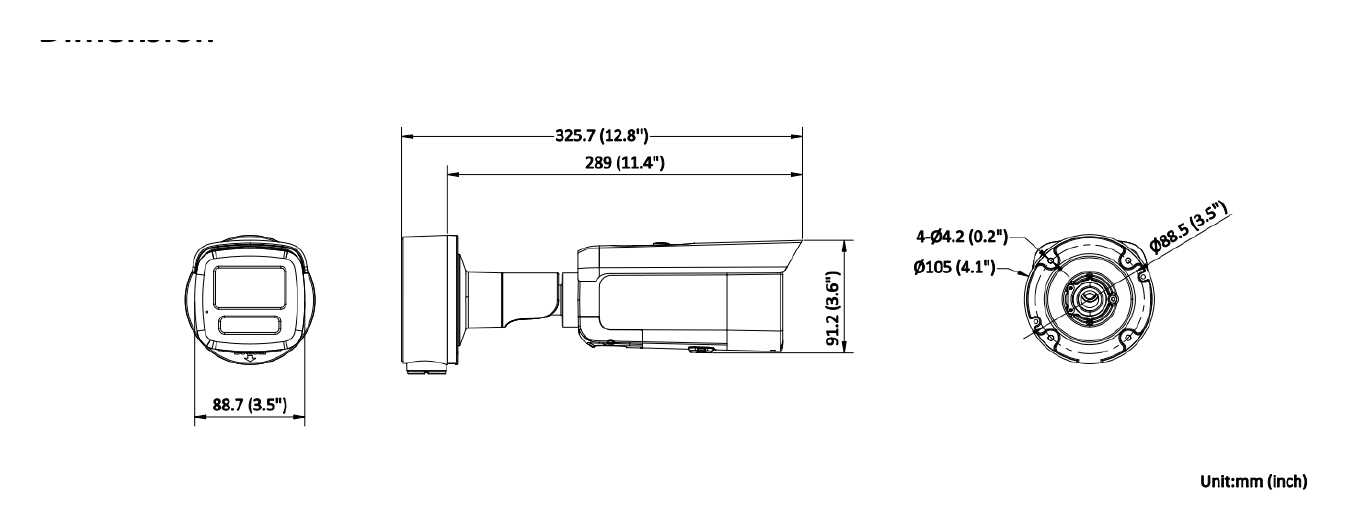 DS-2CD3T46G2-ISU 外形尺寸圖 Ø 325.5 mm × 105 mm (Ø 12.8" × 4.1") Package 386 mm × 156 mm × 155 mm (15.2" × 6.1" × 6.1")｜Unit: mm