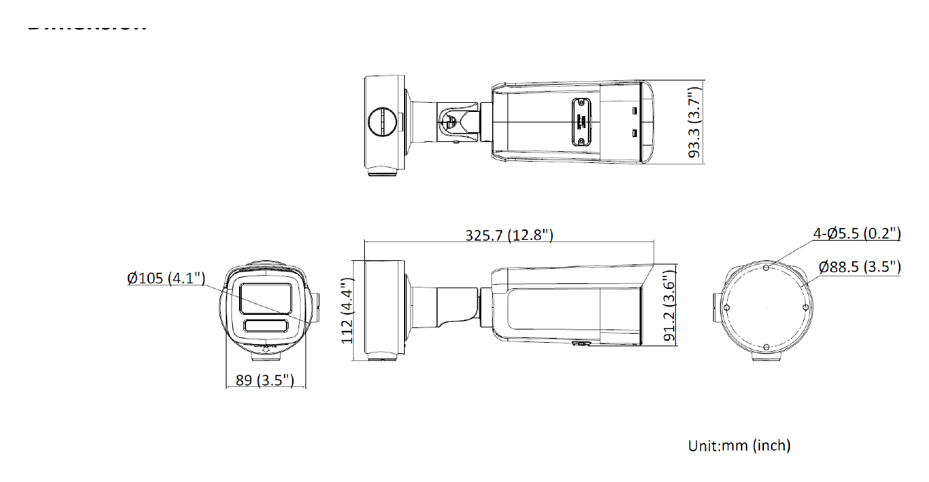 DS-2CD3T46G2H-LISU 外形尺寸圖 325.7 mm × 93.3 mm × 91.2 mm (12.8" × 3.7" × 3.6")｜重量 Approx. 1220 g (2.7 lb.) Model with "(ef)": approx. 2060 g (4.5 lb