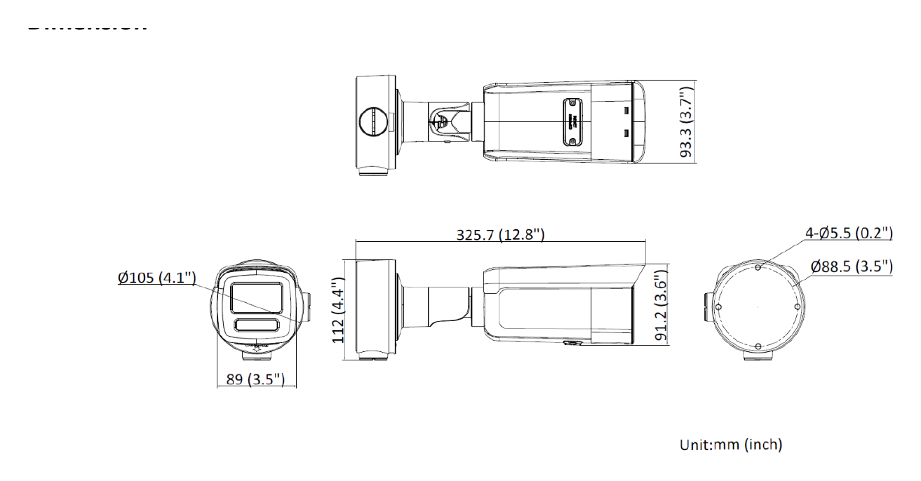 DS-2CD3T46G2H-LISY 外形尺寸圖 325.7 mm × 93.3 mm × 91.2 mm (12.8" × 3.7" × 3.6")｜重量 Approx. 1100 g (2.4 lb.)｜Unit: mm