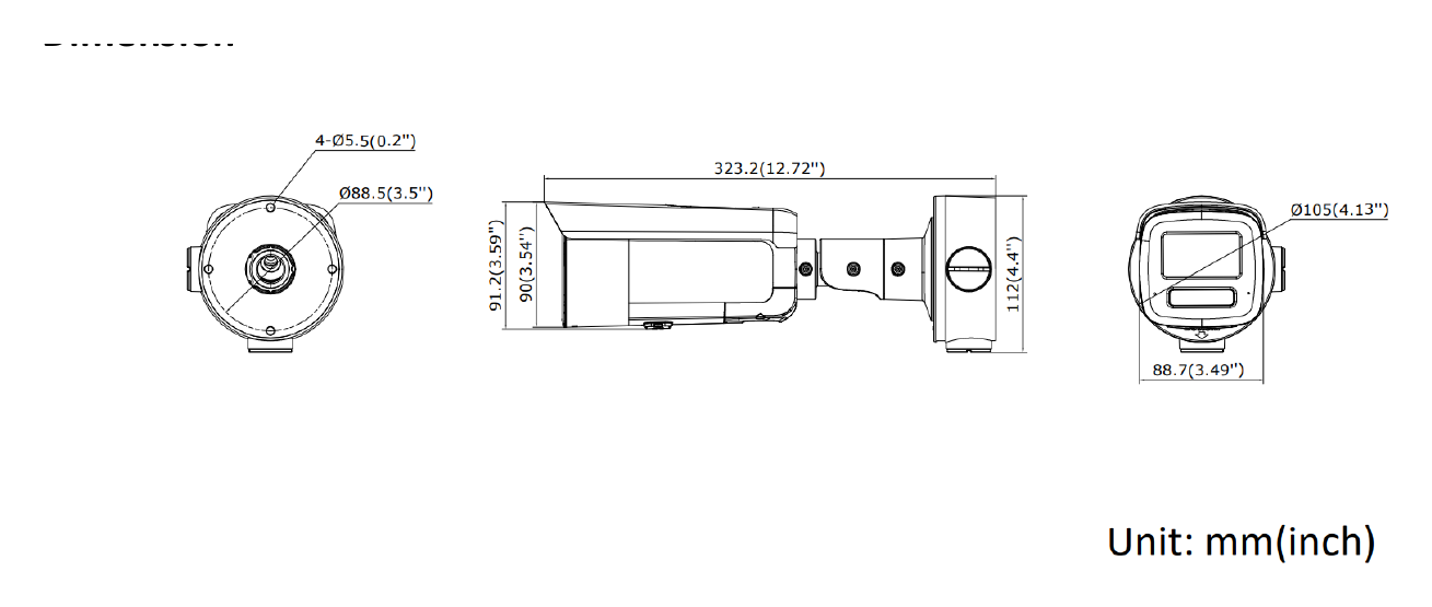 DS-2CD3T46G3-ISU 外形尺寸圖 323.2 mm × 91.2 mm × 88.7 mm (12.72" × 3.59" × 3.49") Package 386 mm × 156 mm × 155 mm (15.2" × 6.1" × 6.1")｜Unit: mm
