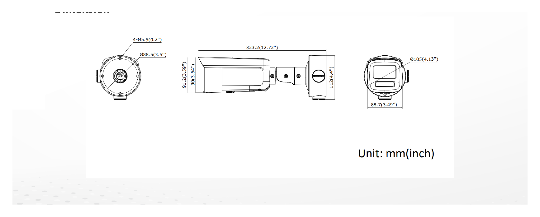 DS-2CD3T46G3-LISU 外形尺寸圖 323.2 mm × 91.2 mm × 88.7 mm (12.72" × 3.59" × 3.49")｜重量 Approx. 1250 g (2.8 lb.)｜Unit: mm