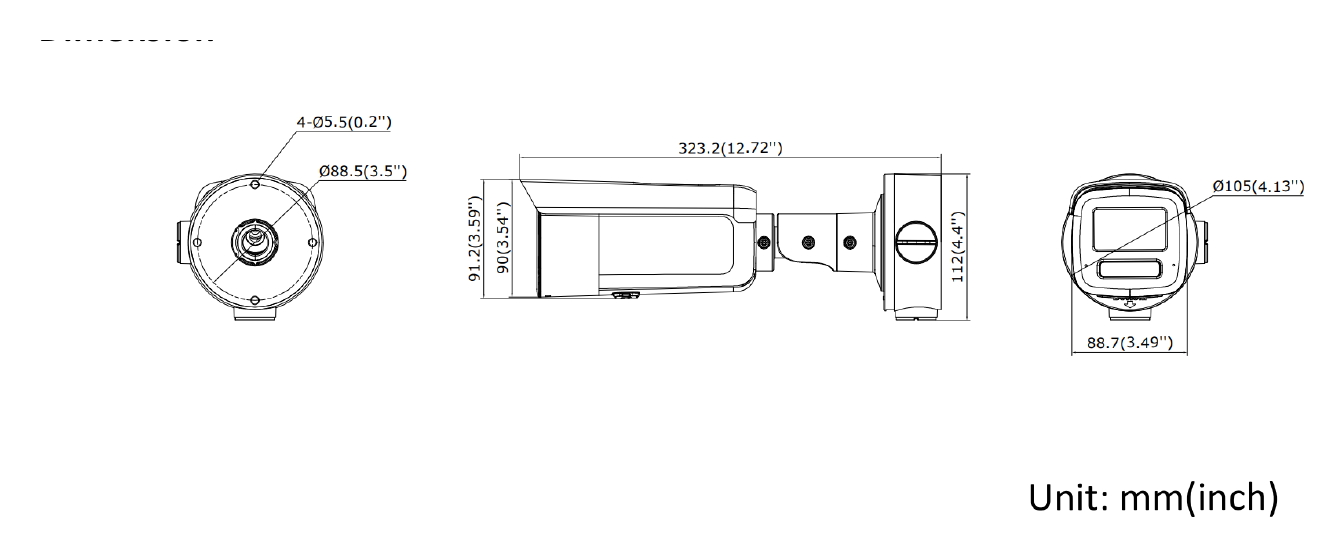 DS-2CD3T46G3-LISUY 外形尺寸圖 323.2 mm × 91.2 mm × 88.7 mm (12.72" × 3.59" × 3.49")｜重量 Approx. 1235 g (2.7 lb.)｜Unit: mm