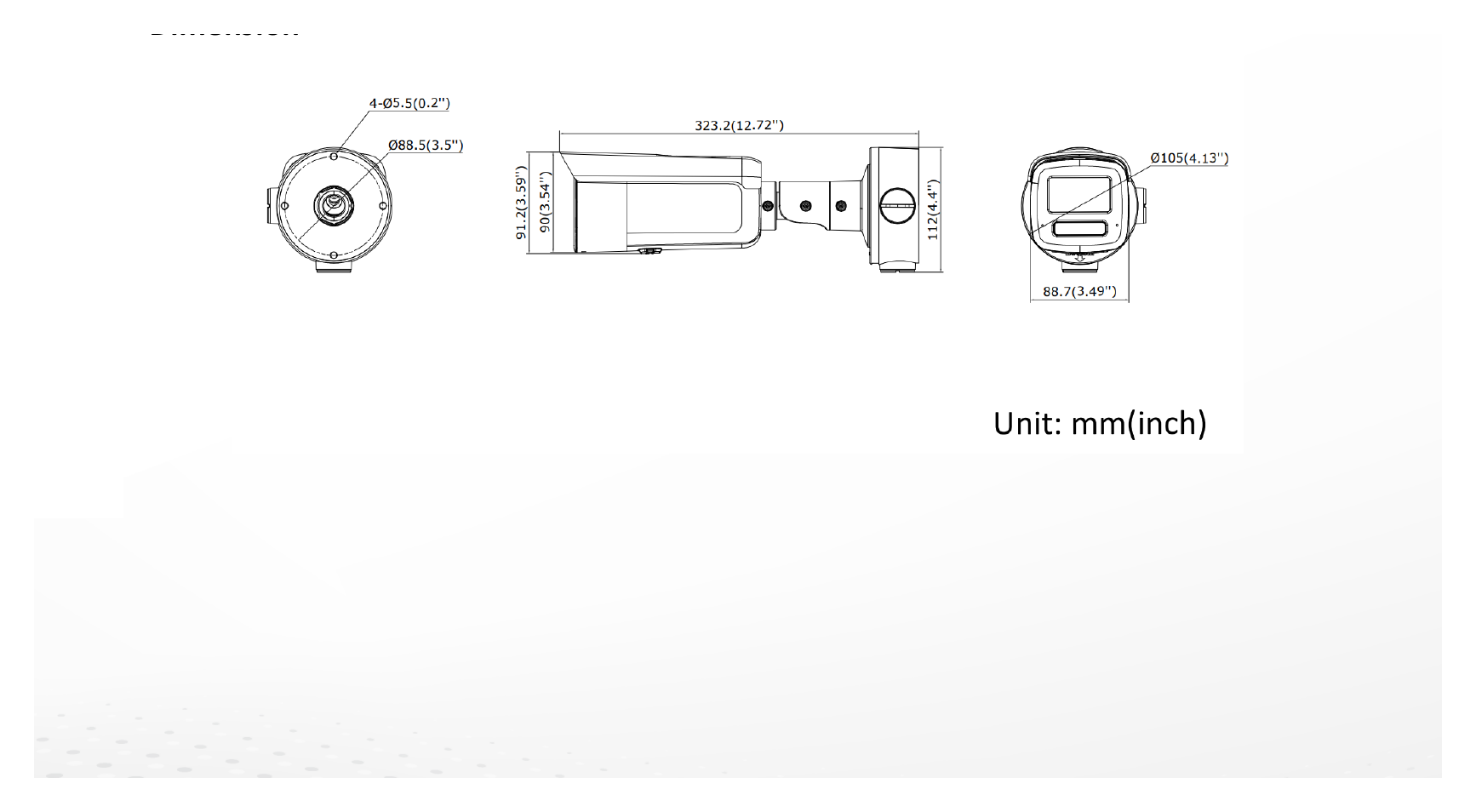 DS-2CD3T47G3-LISUY 外形尺寸圖 323.2 mm × 91.2 mm × 88.7 mm (12.72" × 3.59" × 3.49")｜重量 Approx. 1235 g (2.7 lb.)｜Unit: mm