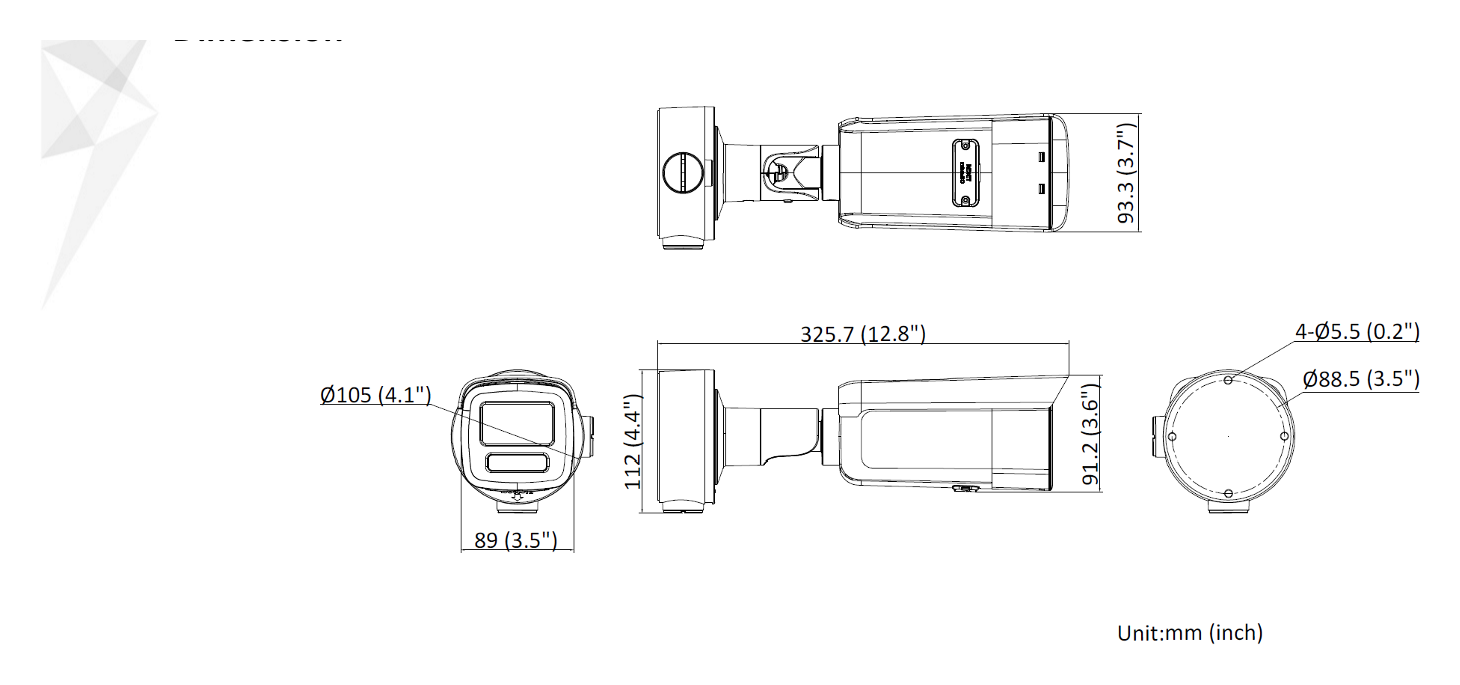DS-2CD3T56G2-4ISY-C 外形尺寸圖 325.7 mm × 93.3 mm × 91.2 mm (12.8" × 3.7" × 3.6")｜重量 Approx. 1100 g (2.4 lb.)｜Unit: mm