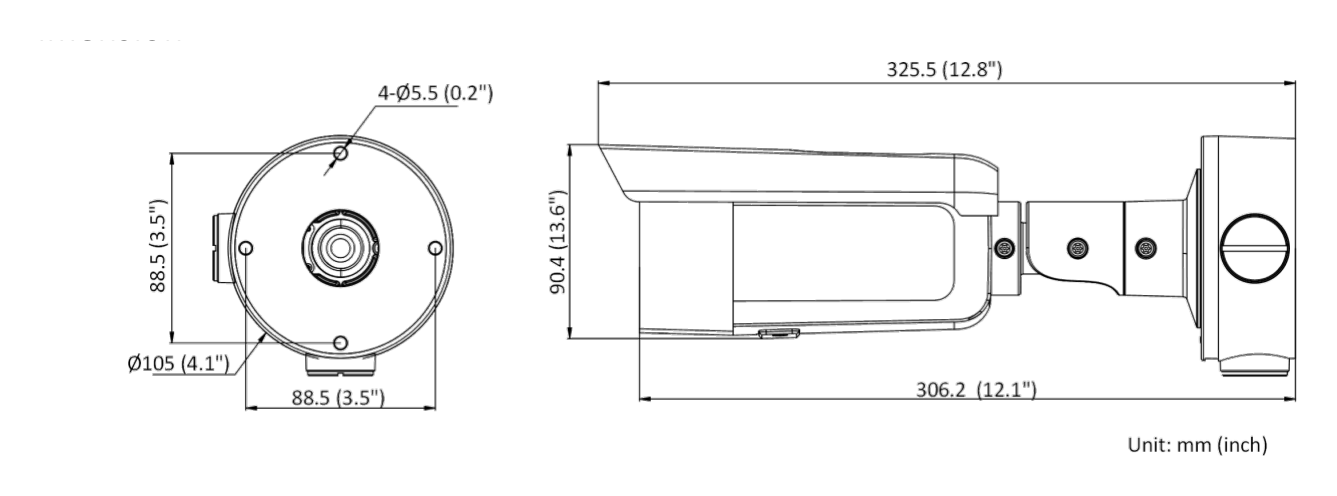 DS-2CD3T56G2-ISU 外形尺寸圖 325.5 × Ø 105mm (12.8" × 4.13")｜重量 Approx. 1150 g (2.4 lb.)｜Unit: mm