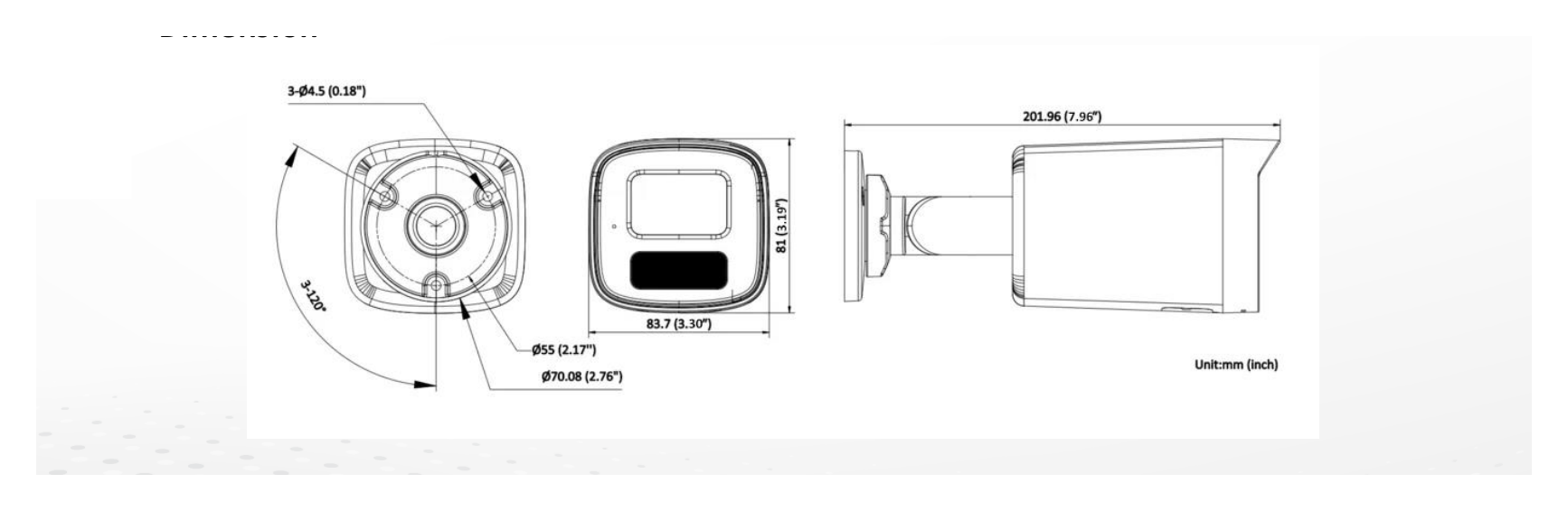 DS-2CD3T61G2-LIUF 外形尺寸圖 202.2 mm × 83.7 mm × 81 mm (7.96" × 3.30" × 3.19")｜重量 Approx. 425 g (0.9 lb.)｜Unit: mm