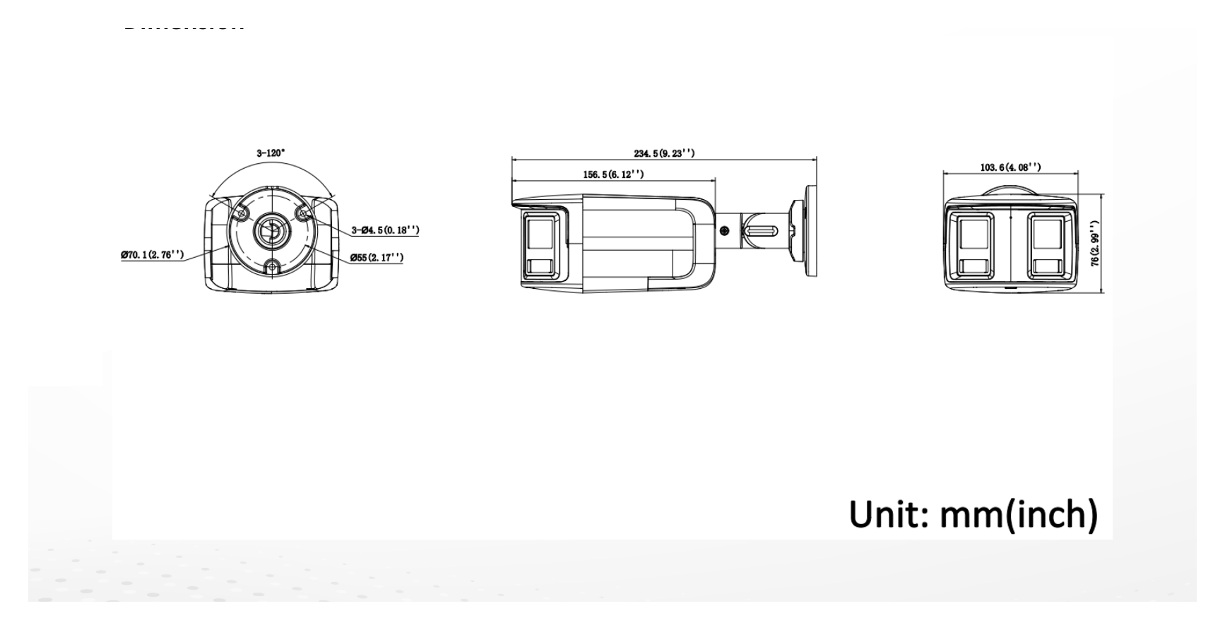 DS-2CD3T61G2P-LIUF 外形尺寸圖 103.6 mm × 76 mm × 234.5 mm (4.1" × 3.0" × 9.2")｜重量 Approx. 560 g (1.2 lb.)｜Unit: mm