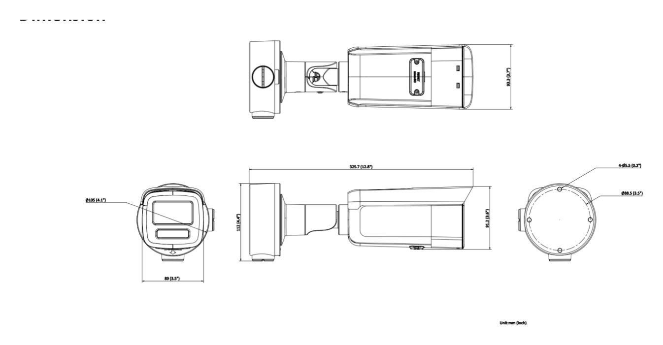 DS-2CD3T63G2-2IS 外形尺寸圖 89 mm × 93.1 mm ×325.7 mm (3.5" × 3.7"×12.8")｜重量 Approx. 1230 g (2.7 lb.)｜Unit: mm