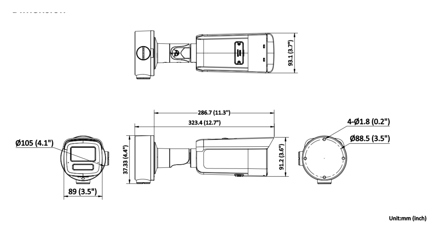 DS-2CD3T63G2-2LISU 外形尺寸圖 89 mm × 93.1 mm × 325.7 mm (3.5" × 3.7"×12.8")｜重量 Approx. 1215 g (2.7 lb.)｜Unit: mm