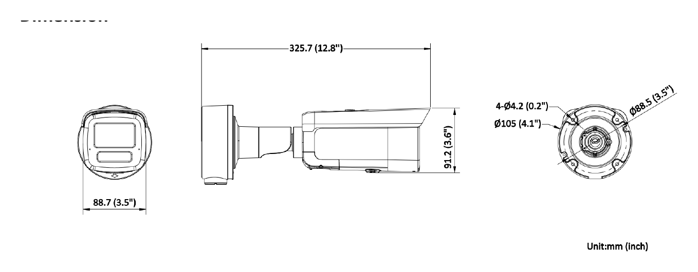 DS-2CD3T63G2-LISU 外形尺寸圖 88.7 mm × 91.2 mm × 325.7 mm (3.5" × 3.6" × 12.8")｜重量 Approx. 1150 g (2.5 lb.)｜Unit: mm