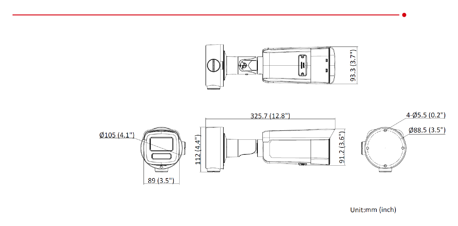 DS-2CD3T66G2-4IS 外形尺寸圖 325.7 mm × 93.3 mm × 91.2 mm (12.8" × 3.7" × 3.6")｜重量 Approx. 1100 g (2.4 lb.)｜Unit: mm