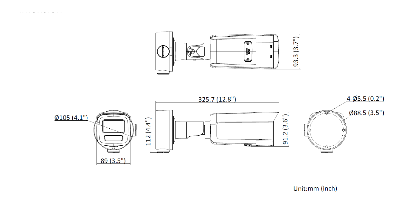 DS-2CD3T66G2-4IS-H 外形尺寸圖 325.7 mm × 93.3 mm × 91.2 mm (12.8" × 3.7" × 3.6")｜重量 Approx. 1120 g (2.4 lb.)｜Unit: mm