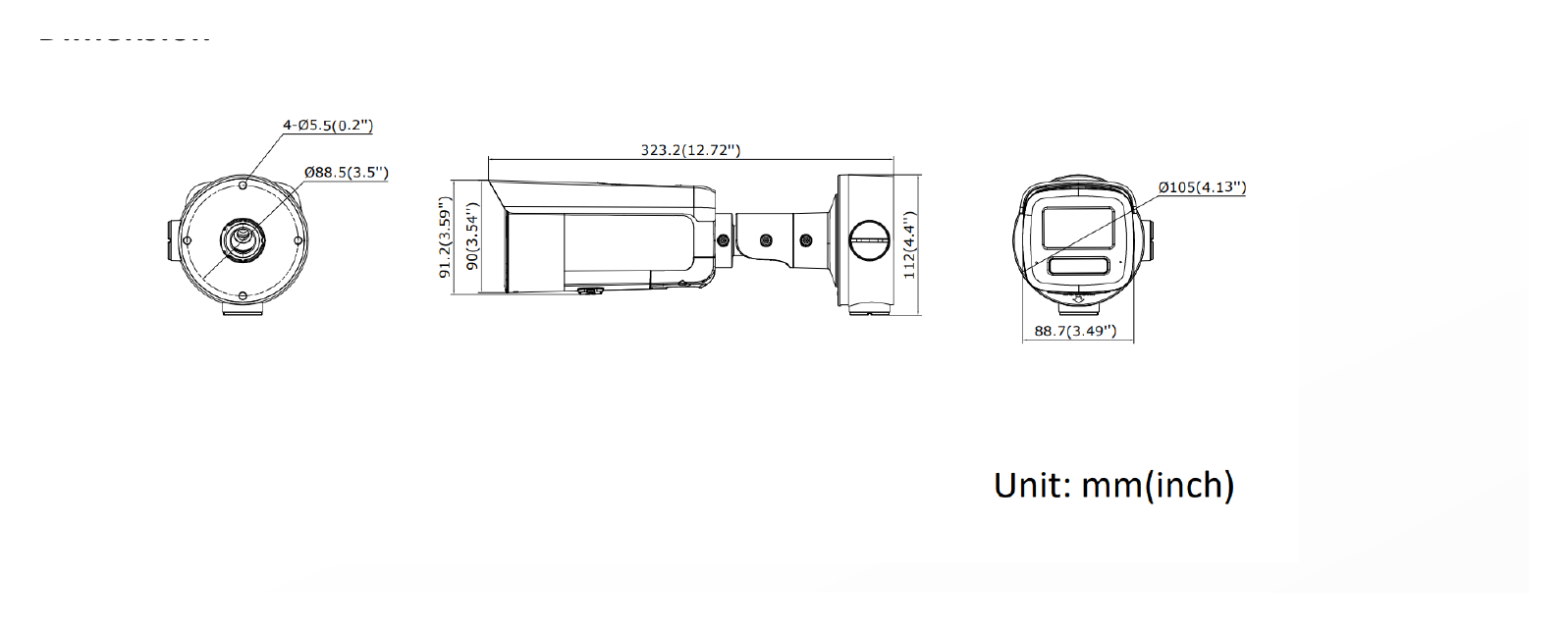 DS-2CD3T66G3-LISUY 外形尺寸圖 323.2 mm × 91.2 mm × 88.7 mm (12.72" × 3.59" × 3.49")｜重量 Approx. 1235 g (2.7 lb.)｜Unit: mm