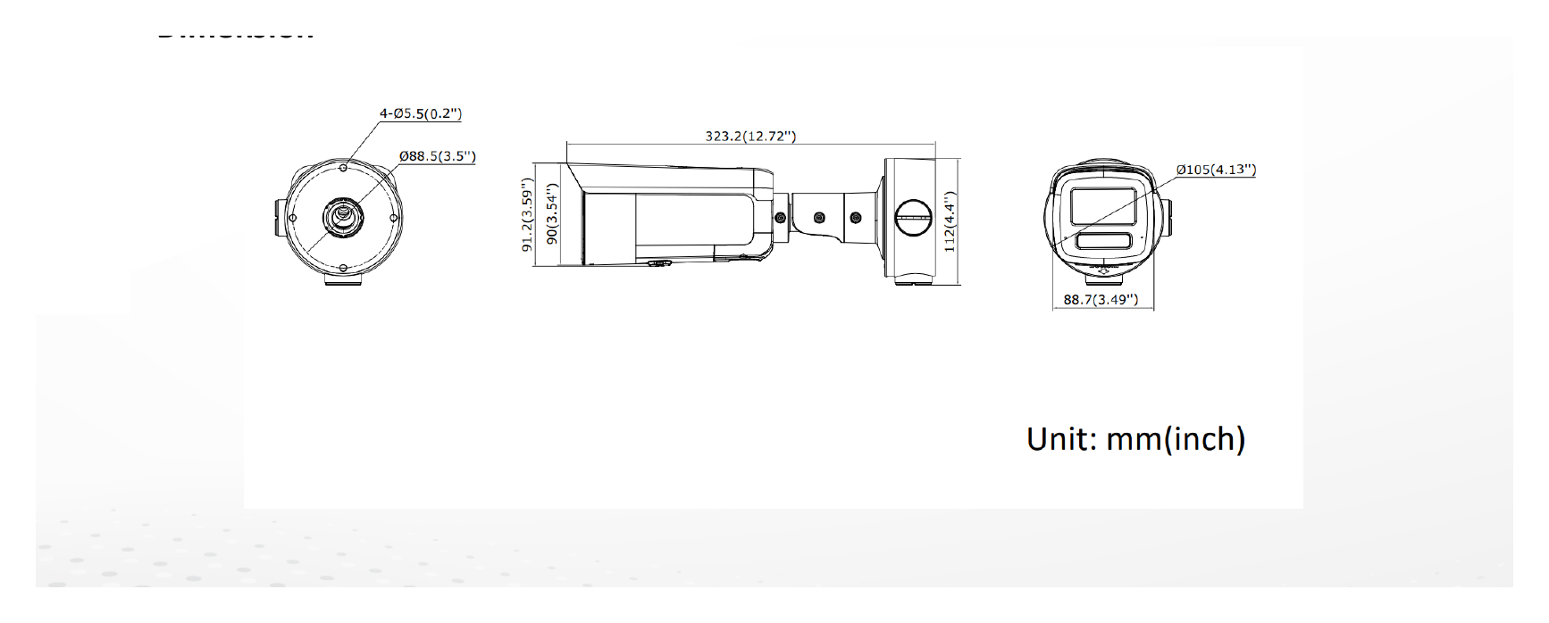 DS-2CD3T67G3-LISU 外形尺寸圖 323.2 mm × 91.2 mm × 88.7 mm (12.72" × 3.59" × 3.49")｜重量 Approx. 1250 g (2.8 lb.)｜Unit: mm