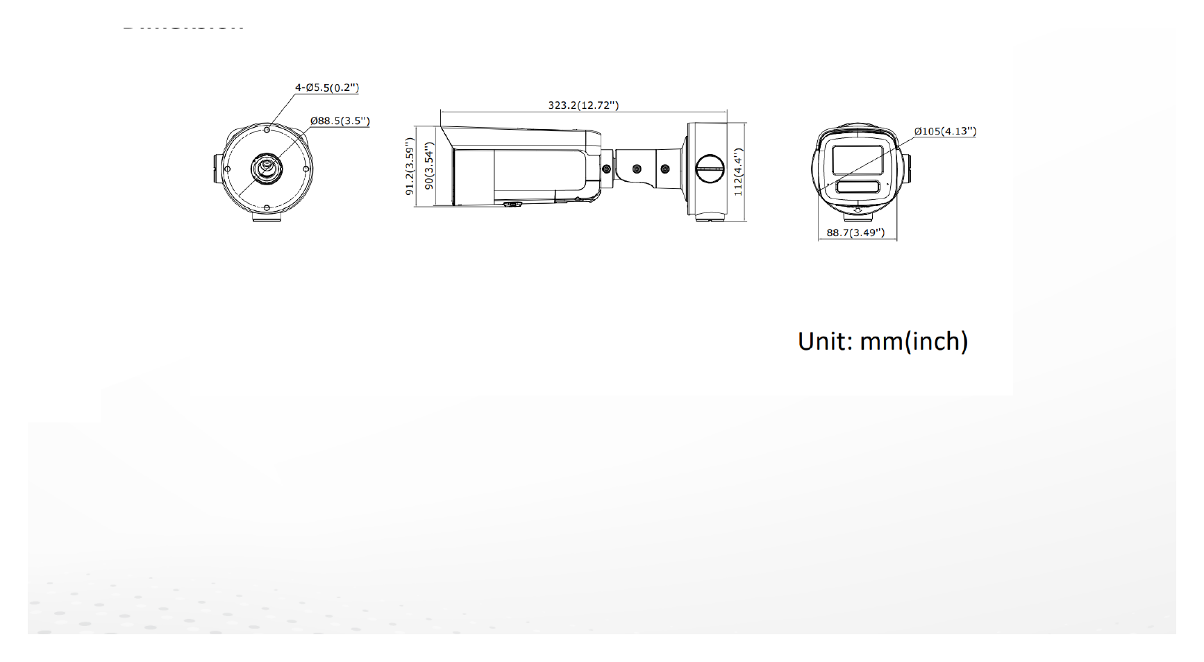 DS-2CD3T67G3-LISUY 外形尺寸圖 323.2 mm × 91.2 mm × 88.7 mm (12.72" × 3.59" × 3.49")｜重量 Approx. 1235 g (2.7 lb.)｜Unit: mm