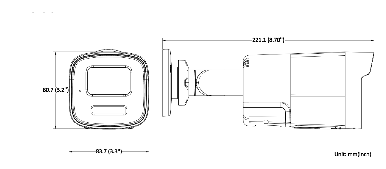 DS-2CD3T81G2-LIUF 外形尺寸圖 221.1 mm × 83.7 mm × 80.7 mm (8.7" × 3.3" × 3.2")｜重量 Approx. 425 g (0.9 lb.)｜Unit: mm