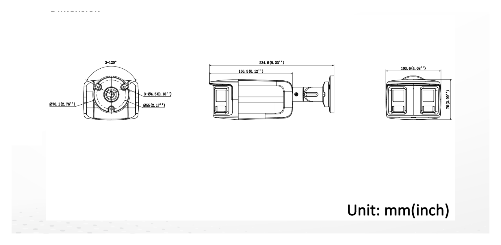DS-2CD3T81G2P-LIUF 外形尺寸圖 103.6 mm × 76 mm × 234.5 mm (4.1" × 3.0" × 9.2")｜重量 Approx. 560 g (1.2 lb.)｜Unit: mm