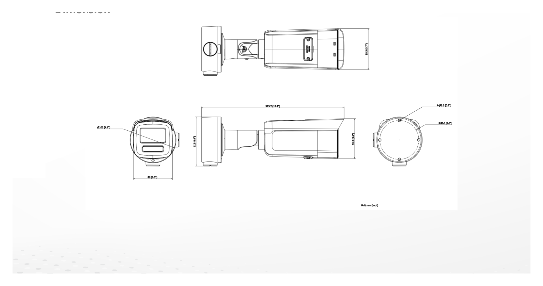 DS-2CD3T83G2-2IS 外形尺寸圖 89 mm × 93.1 mm ×325.7 mm (3.5" × 3.7"×12.8")｜重量 Approx. 1230 g (2.7 lb.)｜Unit: mm