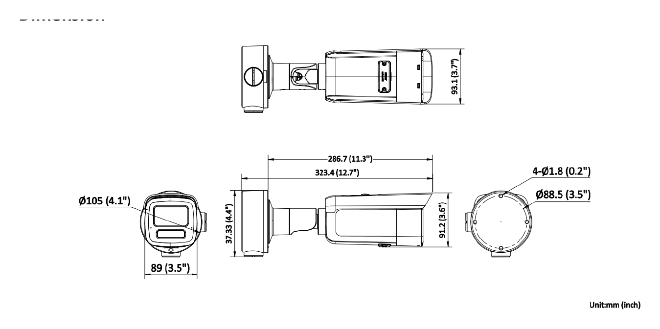 DS-2CD3T83G2-2LISU 外形尺寸圖 89 mm × 93.1 mm × 325.7 mm (3.5" × 3.7"× 12.8")｜重量 Approx. 1215 g (2.7 lb.)｜Unit: mm