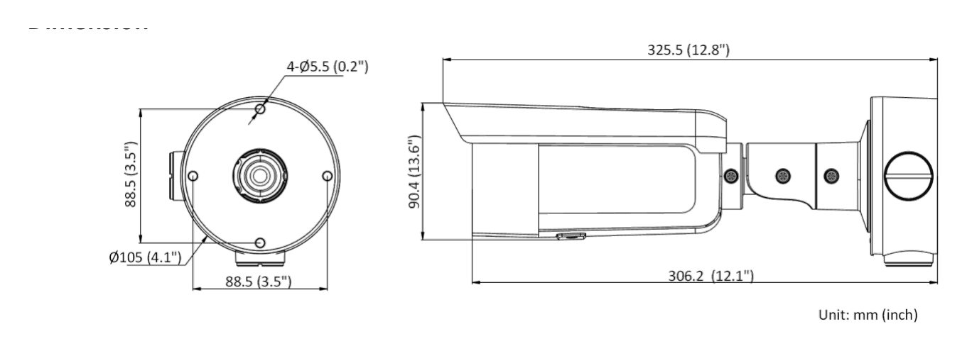 DS-2CD3T86G2-4IS-C 外形尺寸圖 Ø 105 mm × 325.5 mm (Ø 4.1" × 12.8")｜重量 Approx. 1110 g (2.4 lb.)｜Unit: mm