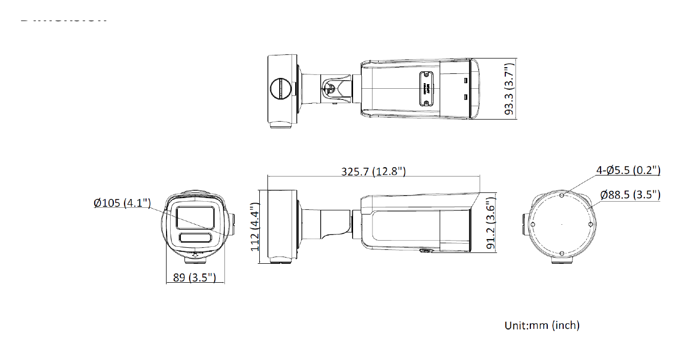 DS-2CD3T86G2-4IS 外形尺寸圖 325.7 mm × 93.3 mm × 91.2 mm (12.8" × 3.7" × 3.6")｜重量 Approx. 1240 g (2.7 lb.)｜Unit: mm