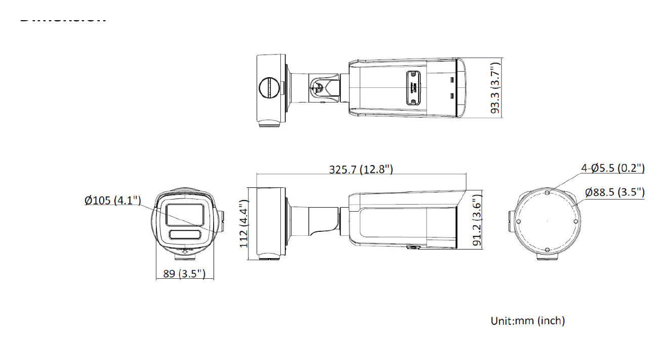 DS-2CD3T86G2H-LISUY 外形尺寸圖 325.7 mm × 93.3 mm × 91.2 mm (12.8" × 3.7" × 3.6")｜重量 Approx. 1100 g (2.4 lb.)｜Unit: mm