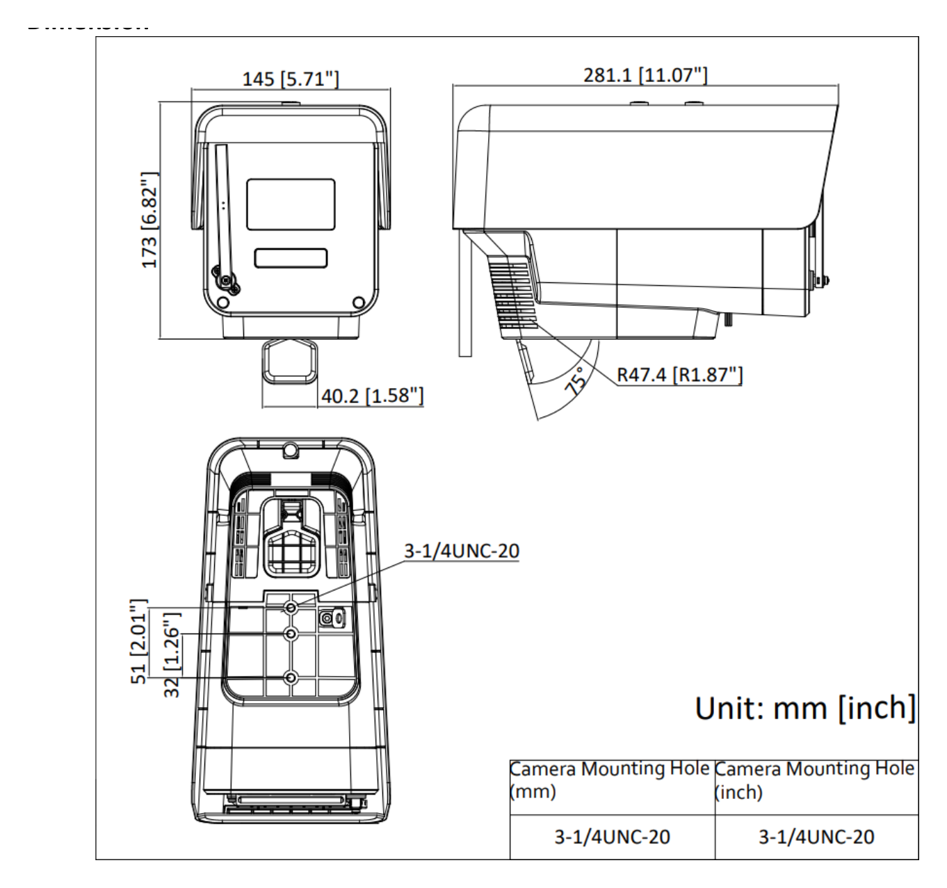 DS-2CD6085G0 外形尺寸圖 173 mm × 145 mm × 281 mm (6.81" × 5.71" × 11.06")｜重量 Approx. 2823 g (6.21 lb.)｜Unit: mm