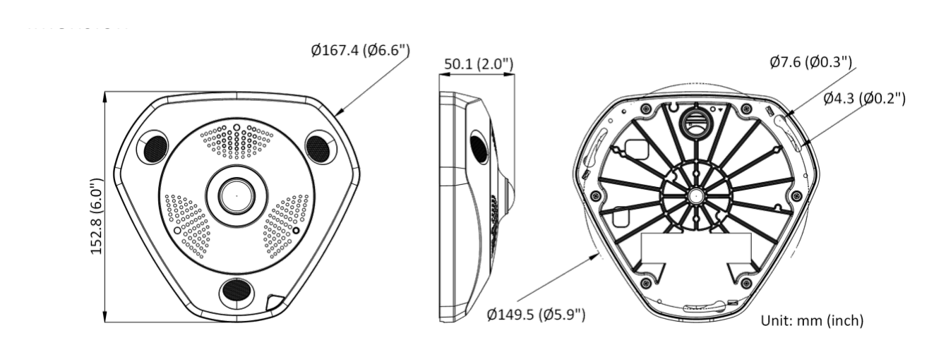 DS-2CD6365G0-ISB 外形尺寸圖 167.4 mm × 152.8 mm × 50 mm (6. 6" × 6" × 2")｜重量 Approx. 720 g (1.6 lb.)｜Unit: mm