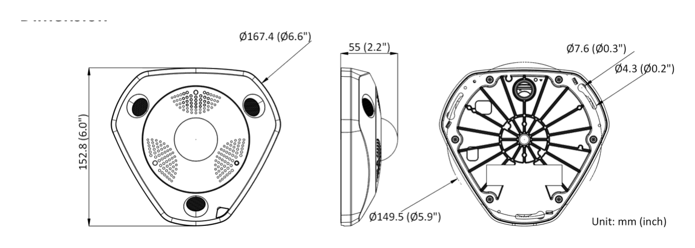 DS-2CD6365G0-IVSB 外形尺寸圖 167.4 mm × 152.8 mm × 55 mm (6. 6" × 6" × 2.2")｜重量 Approx. 720 g (1.6 lb.)｜Unit: mm