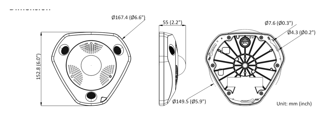 DS-2CD6365G0-IVSD 外形尺寸圖 167.4 mm × 152.8 mm × 55 mm (6.6" × 6" × 2.2")｜重量 Approx. 700 g (1.54 lb.)｜Unit: mm