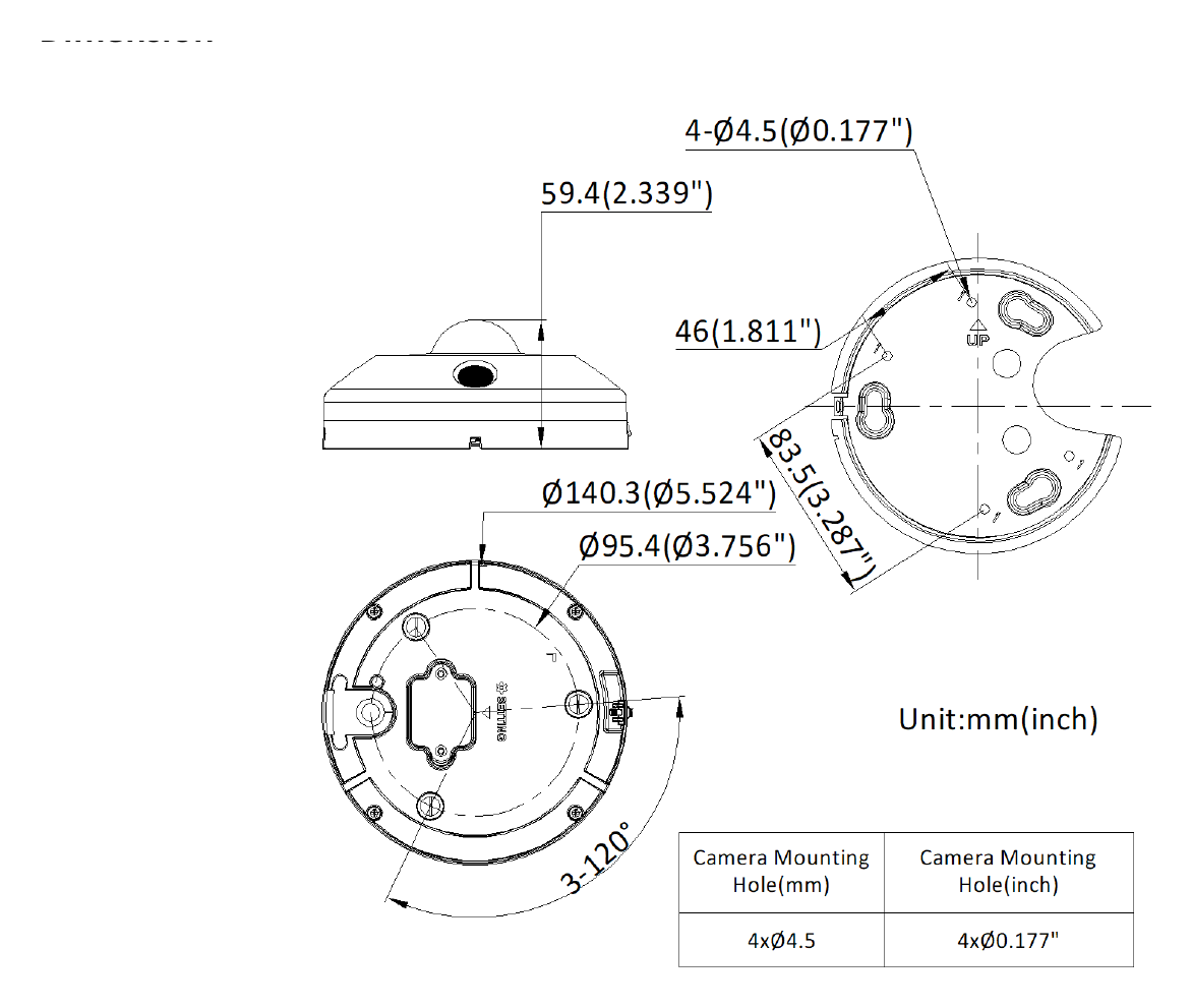 DS-2CD6365G1-IVS 外形尺寸圖 Ø 140.3 mm × 59.4 mm (Ø 5.5" × 2.3")｜重量 Approx. 715 g (1.58 lb.)｜Unit: mm