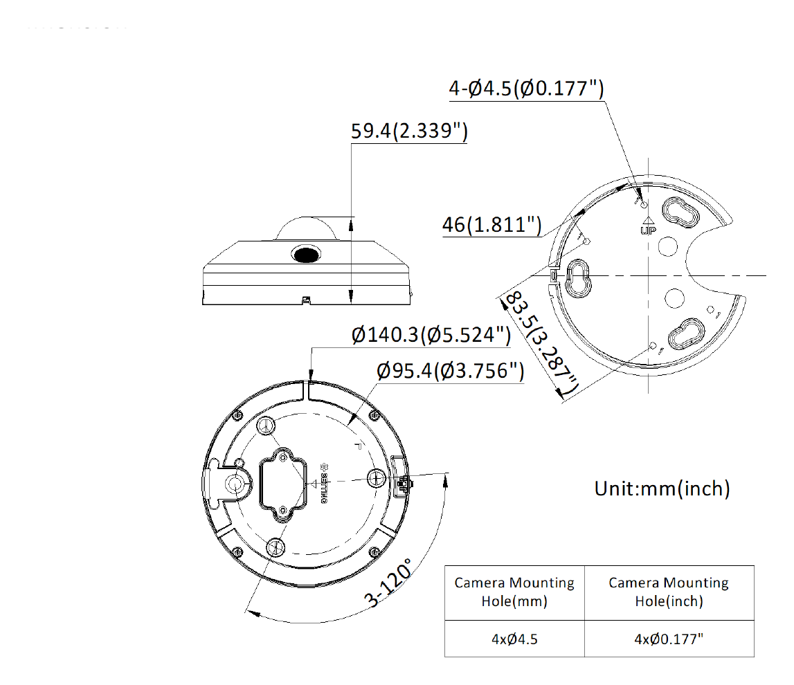 DS-2CD6395G1E-IVS 外形尺寸圖 Ø 140.3 mm × 59.4 mm (Ø 5.5" × 2.3")｜重量 Approx. 715 g (1.58 lb.)｜Unit: mm