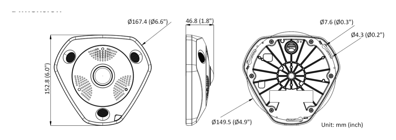 DS-2CD63C5G0-ISB 外形尺寸圖 167.4 mm × 152.8 mm × 46.8 mm (6. 6" × 6" × 1.8")｜重量 Approx. 720 g (1.6 lb.)｜Unit: mm